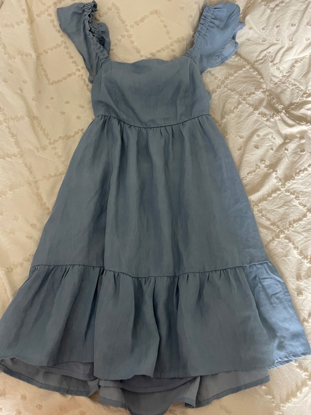 Womens Blue Ruffle-Sleeve Tiered Dress